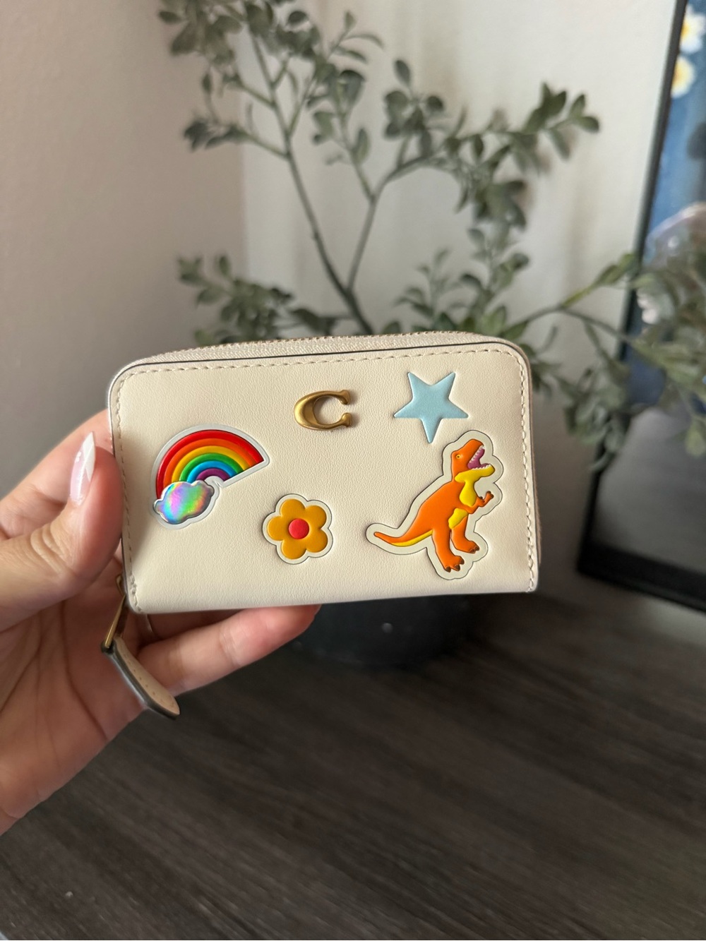 Coach Cream Essentials Wallet with Rainbow & Dinosaur Patches